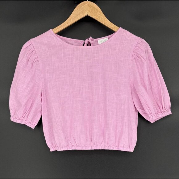 Women's Bohemian Puff Sleeve Crop Top XS Pink Tie Back Coquette Cottagecore - Picture 1 of 7